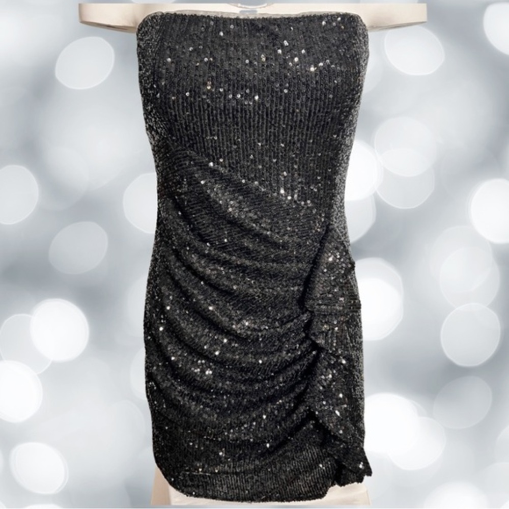 Parker Black Aurelua Sequin Side Ruffle Strapless Dress